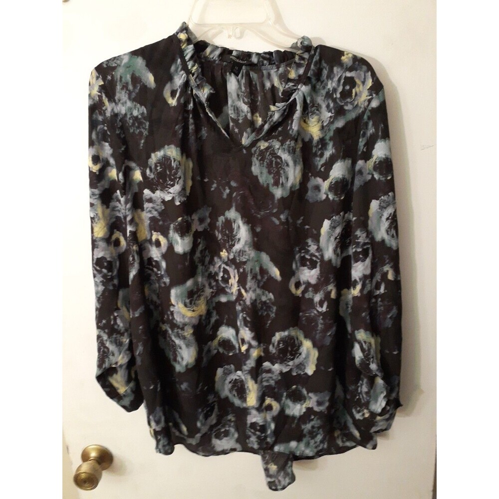 Simply Vera Women's XL Blouse Roll Back Sleeves Black floral Tunic Top